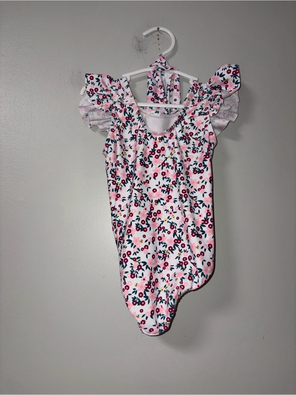 SHEIN White Pink Floral Ruffle One Piece Swimsuit & Bow Girls 70 3-6M?